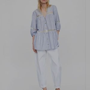 Zara Blue & White Striped Lace Button Blouse Top Shirt Size- XS